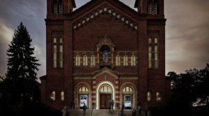 The former Good Shepherd Catholic Church, which is now an art space in Detroit is seen from the front