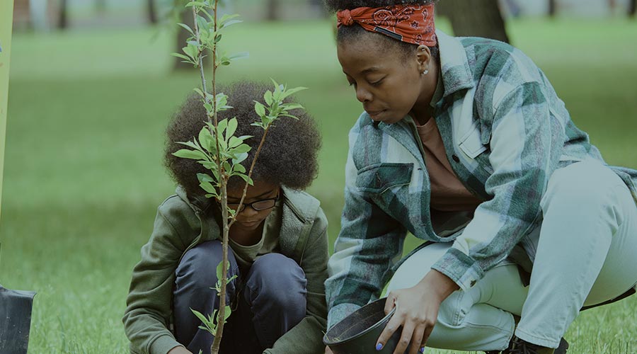 A Black mother and child are kneeling as they plant a tree together