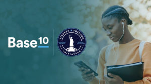 The Base10 Partners logo and the Student Freedom Initiative logo appear beside an African American female student looking at her smartphone