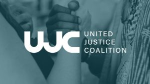 The logo of the United Justice Coalition over an image of Black and white hands clasped together