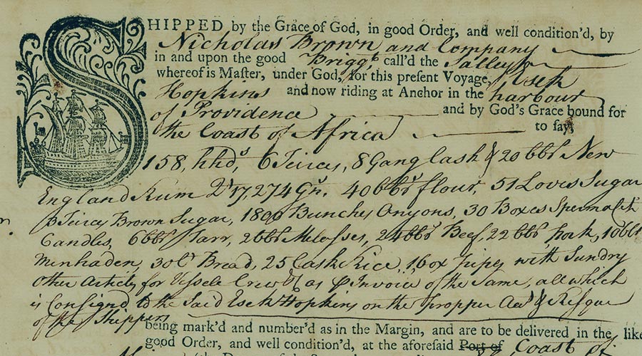 A ship's hand written manifest from 1764 written on on velum and archived at Brown University Library
