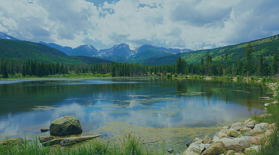 An image of the outdoors with a lake surrounded by trees and mountains in the background.