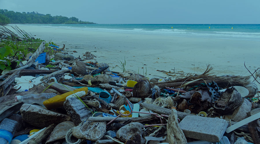 An image of the ocean with trash and debris piled up.