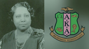 A black and white photo of Ethel Hedgeman Lyle wearing a pearl necklace next to the Alpha Kappa Alpha logo