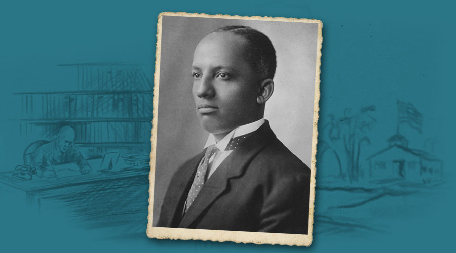 A black and white image of Carter G. Woodson with a blue background.