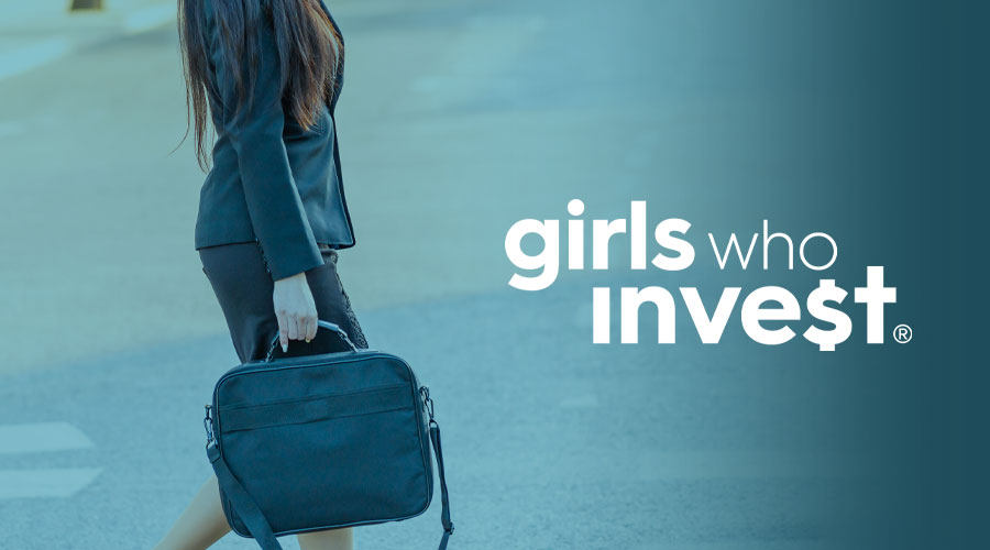 Image of a businesswoman walking across the street holding a briefcase and the Girls Who Invest logo.