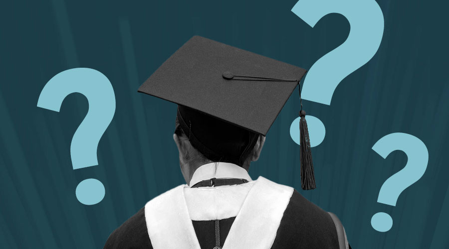 A blue background with light blue question marks and a student in the center of the graphic with a cap and gown looking straight ahead