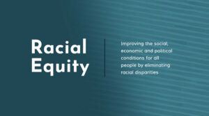 Image of text that defines what racial equity is with a turquoise background