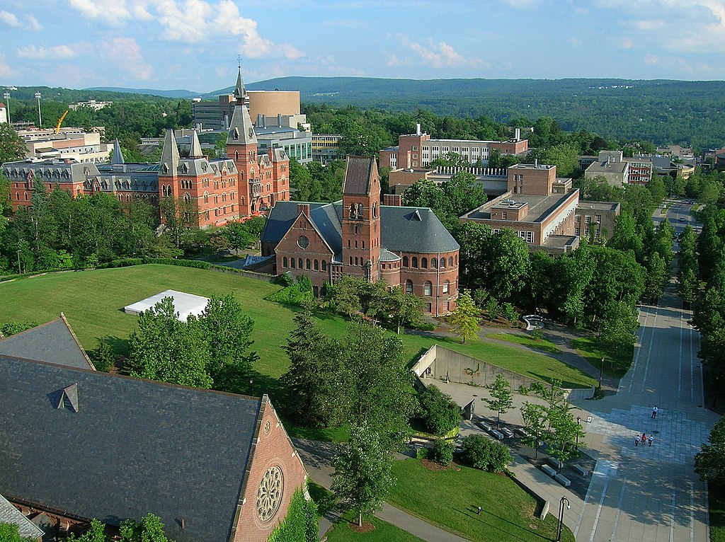An overhead outdoor shot of the Cornell University Plaza