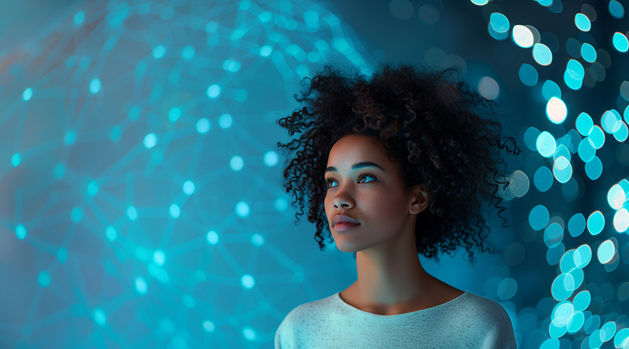 A woman looks off into the distance in front of a blue digital background