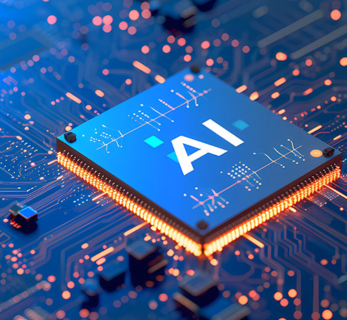 An AI computer chip on a blue circuit board.