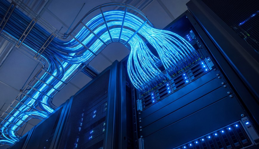 Fiber optic network cables connecting enterprise servers in a modern AI data center.